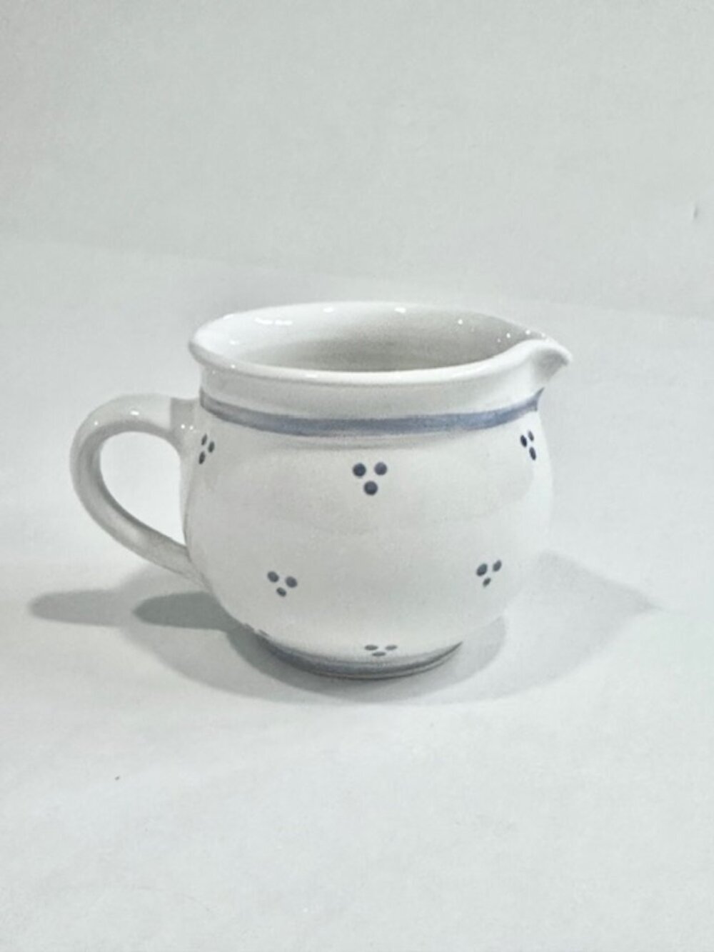 Vintage Ceramic Creamer with Handle Triple Dot Design Blue Line Rim White 3.5in